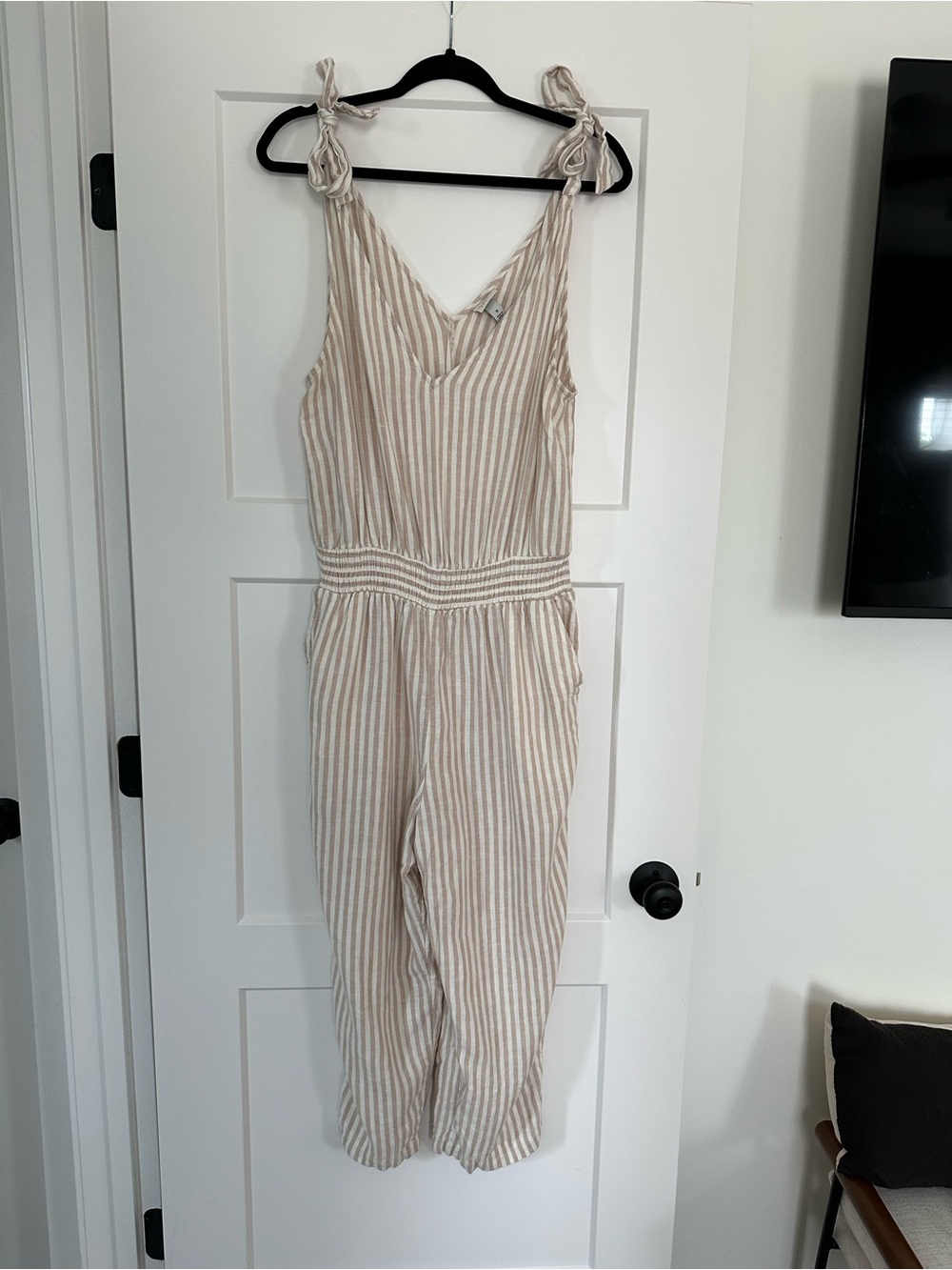 a new day Cream & Tan Striped Tie-Shoulder Jumpsuit
